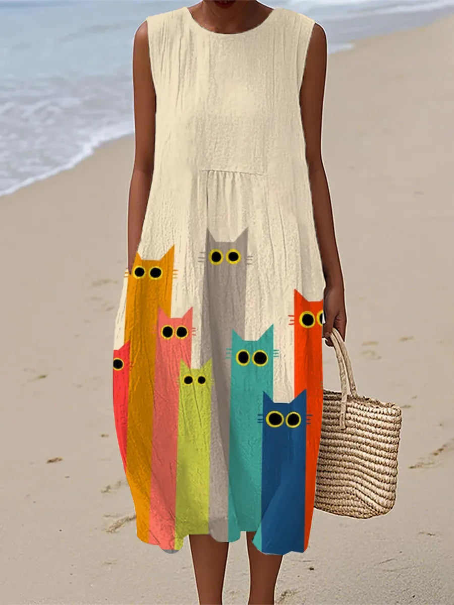 Penelope | Colorful Cat Art Print Midi Dress