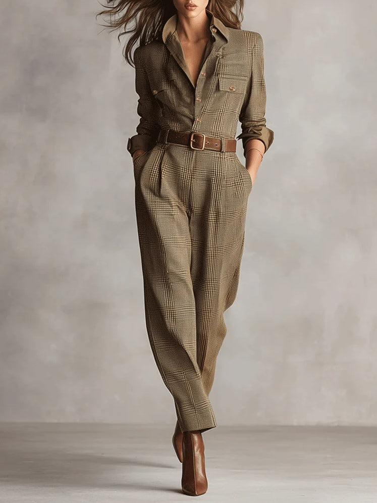 Rowena™ Brown Tweed Plaid Utility Jumpsuit | Timeless Brown Tweed Plaid Utility Jumpsuit